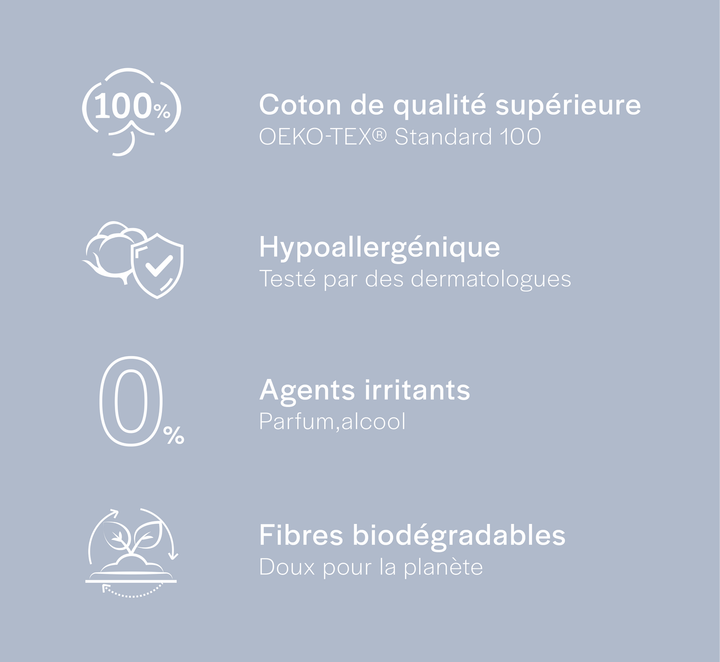 List of product features on a light blue background