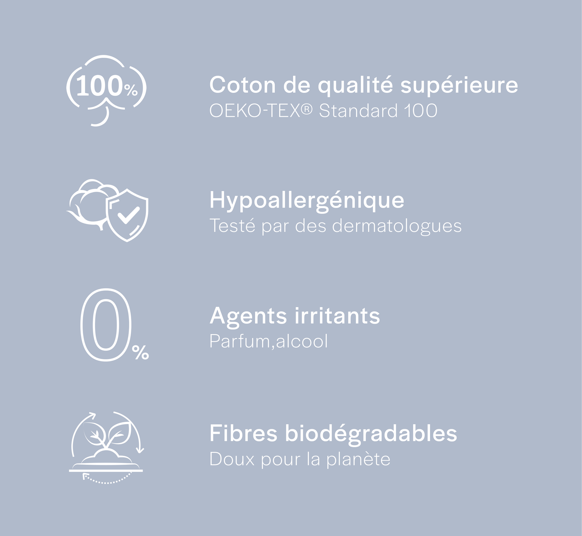 List of product features on a light blue background